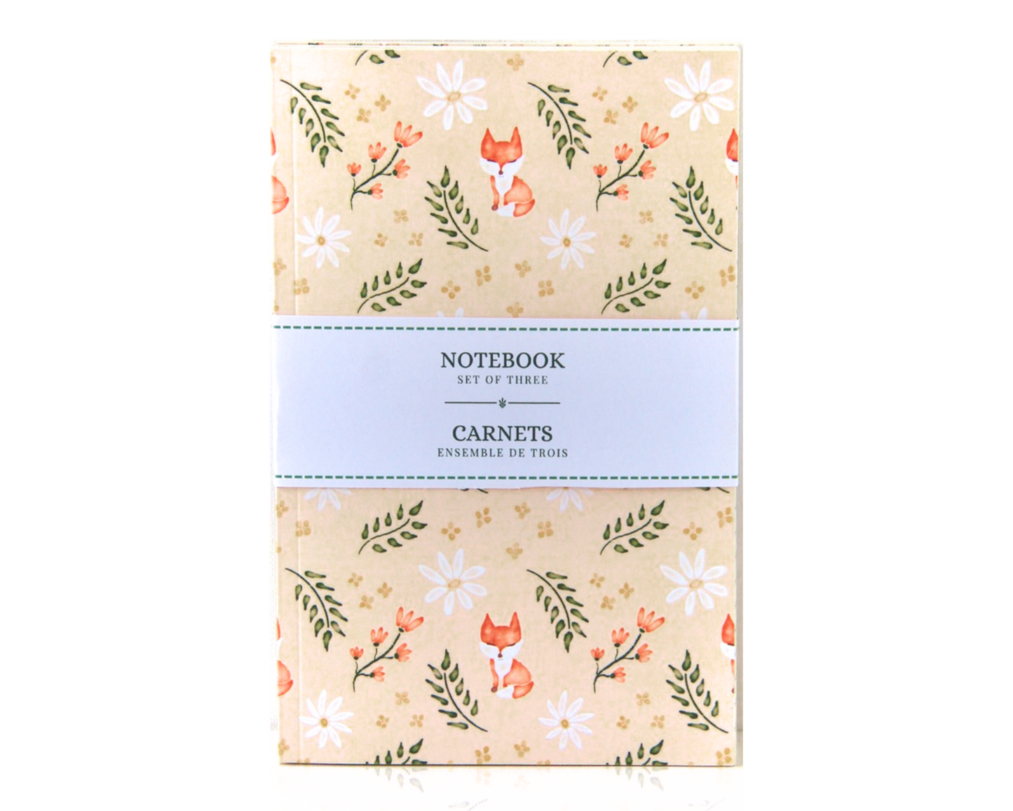 Notebook set of three with cream covers featuring a watercolour pattern with orange foxes, daisies, orange and yellow flowers, and leaves.