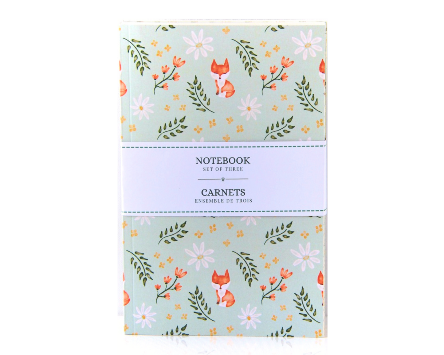 Notebook set of three with sage green covers featuring a watercolour pattern with orange foxes, daisies, orange and yellow flowers, and leaves.