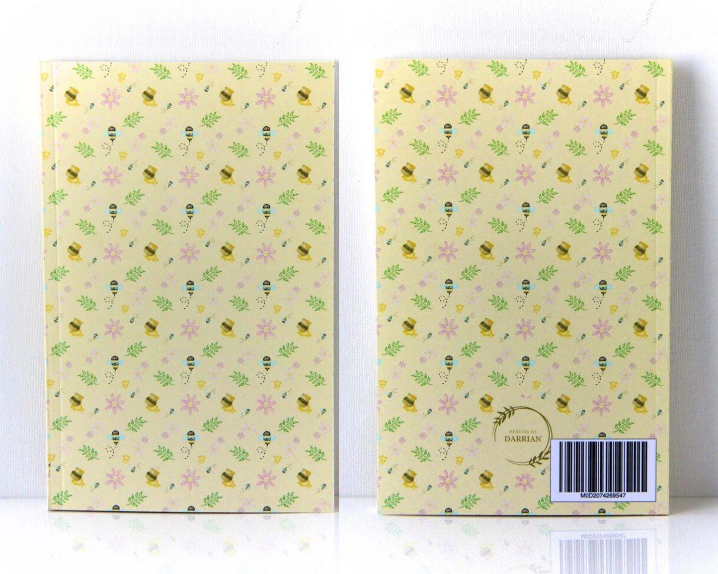 Yellow Pastel Notebook front and back with a cover featuring watercolour bees, leaves, pink flowers, and honey pots